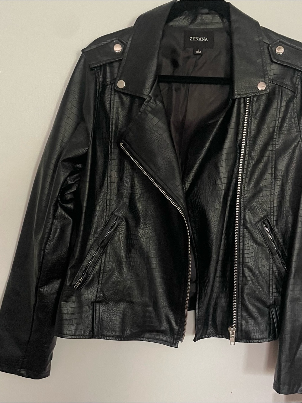 Zenana Outfitters Black Croc-Embossed Faux Leather Moto Jacket